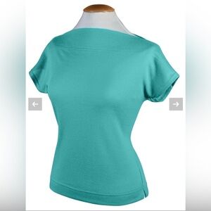 Vivien Of Holloway Slash Neck Top Sz M, Teal Blue 50s Style Cap Sleeve Boatneck